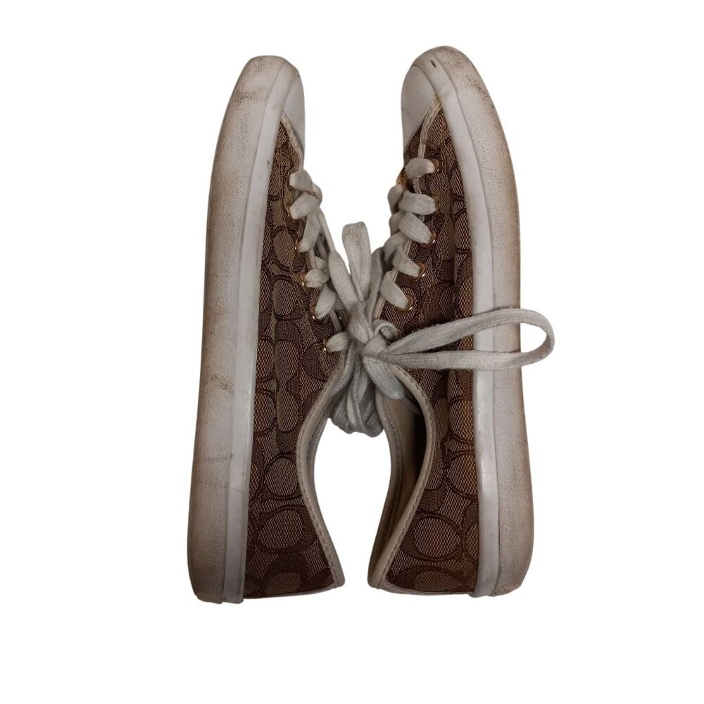 Coach Size 8 8B Sneakers Signature Canvas Lace Up Brown White Napa Leather - Picture 5 of 9